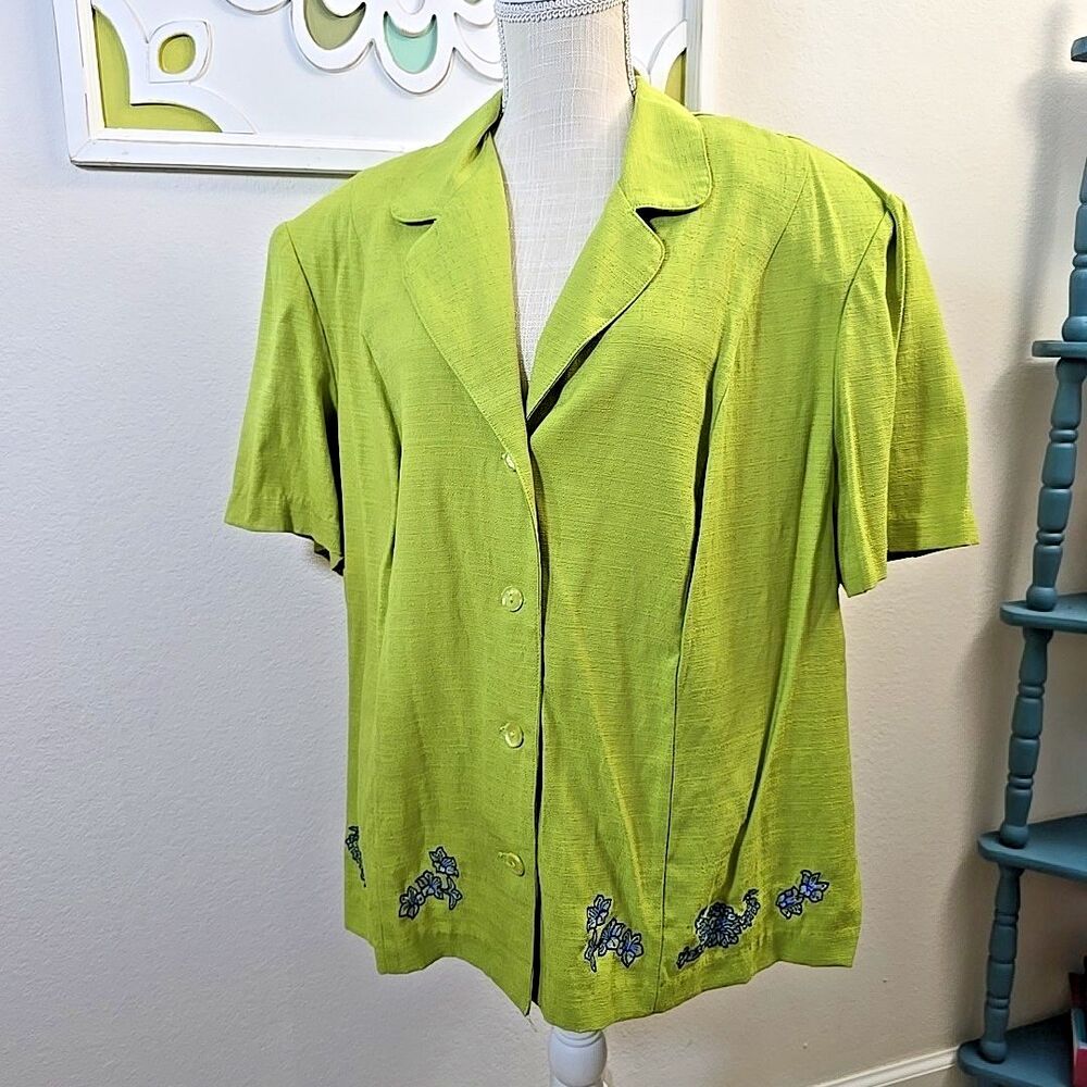 Vintage Sheri Martin Women's Plus 22W Lime Green Light Jacket Blouse Embroidered